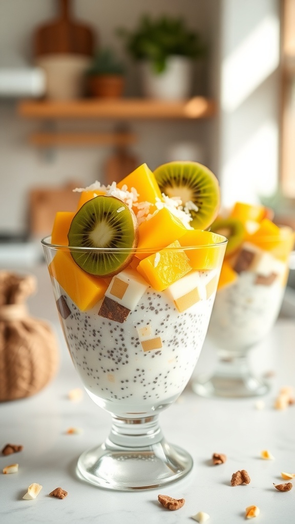 A glass of coconut chia pudding topped with mango, kiwi, and shredded coconut.