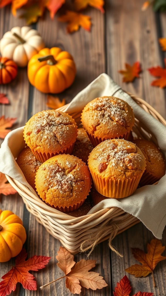 A basket of healthy pumpkin muffins surrounded by autumn leaves and small pumpkins.