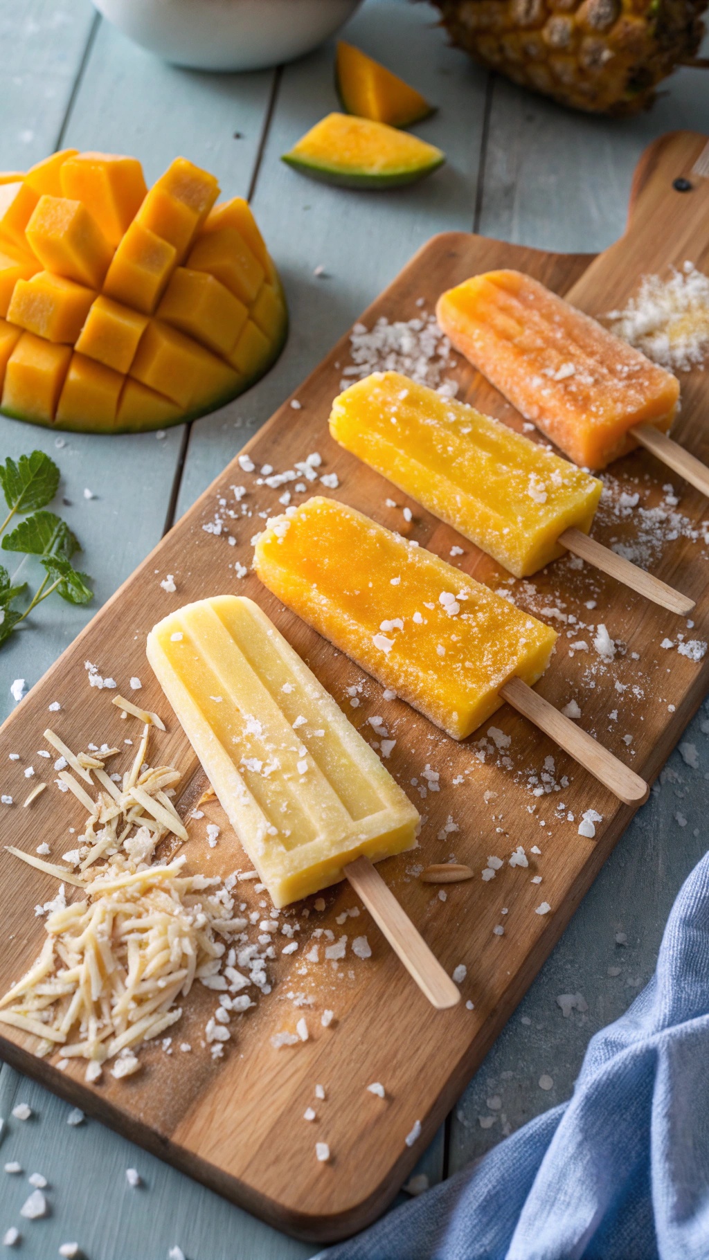 Mango coconut popsicles on a wooden board with fresh mango and coconut flakes.