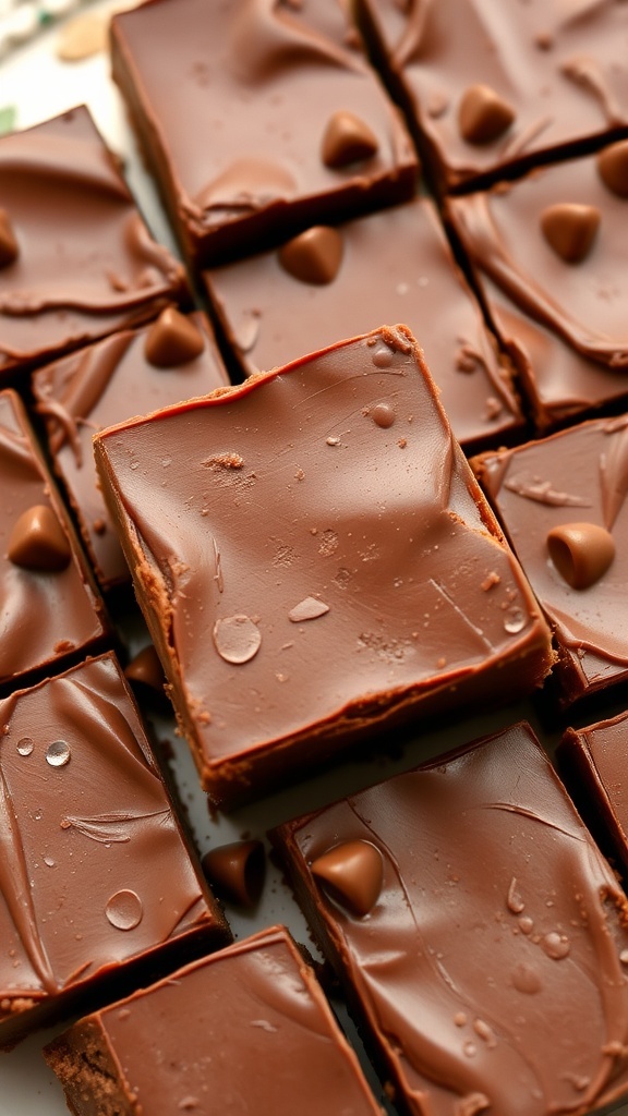 Delicious no-bake chocolate fudge cut into squares, showcasing a glossy chocolate surface.