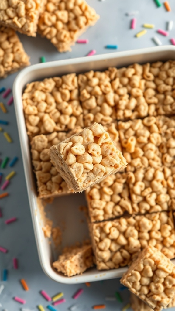 Delicious peanut butter rice crispy treats cut into squares, topped with peanut butter chips and colorful sprinkles.