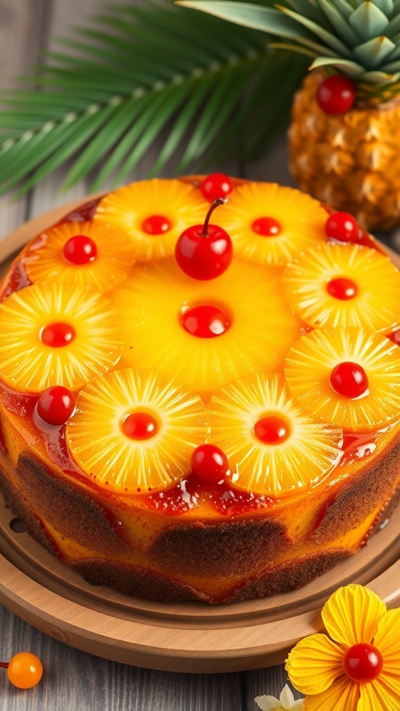 A beautifully decorated pineapple upside-down cake with cherries on top, surrounded by a pineapple and tropical leaves.