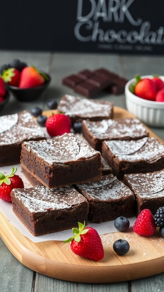 Delicious almond flour brownies topped with powdered sugar and surrounded by fresh strawberries and blueberries.