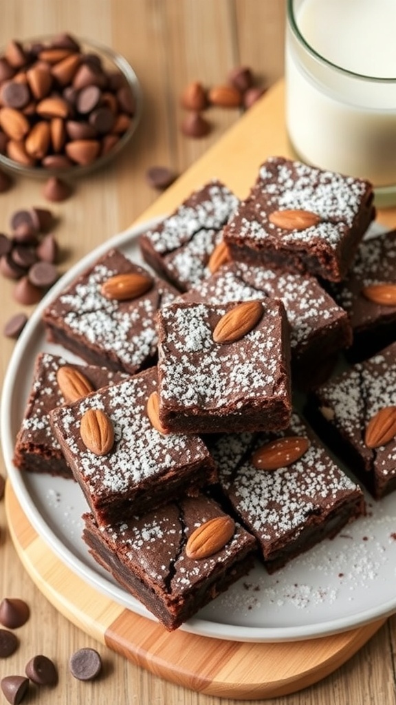 A plate of almond flour brownies topped with almonds and powdered sugar, served with a glass of milk.