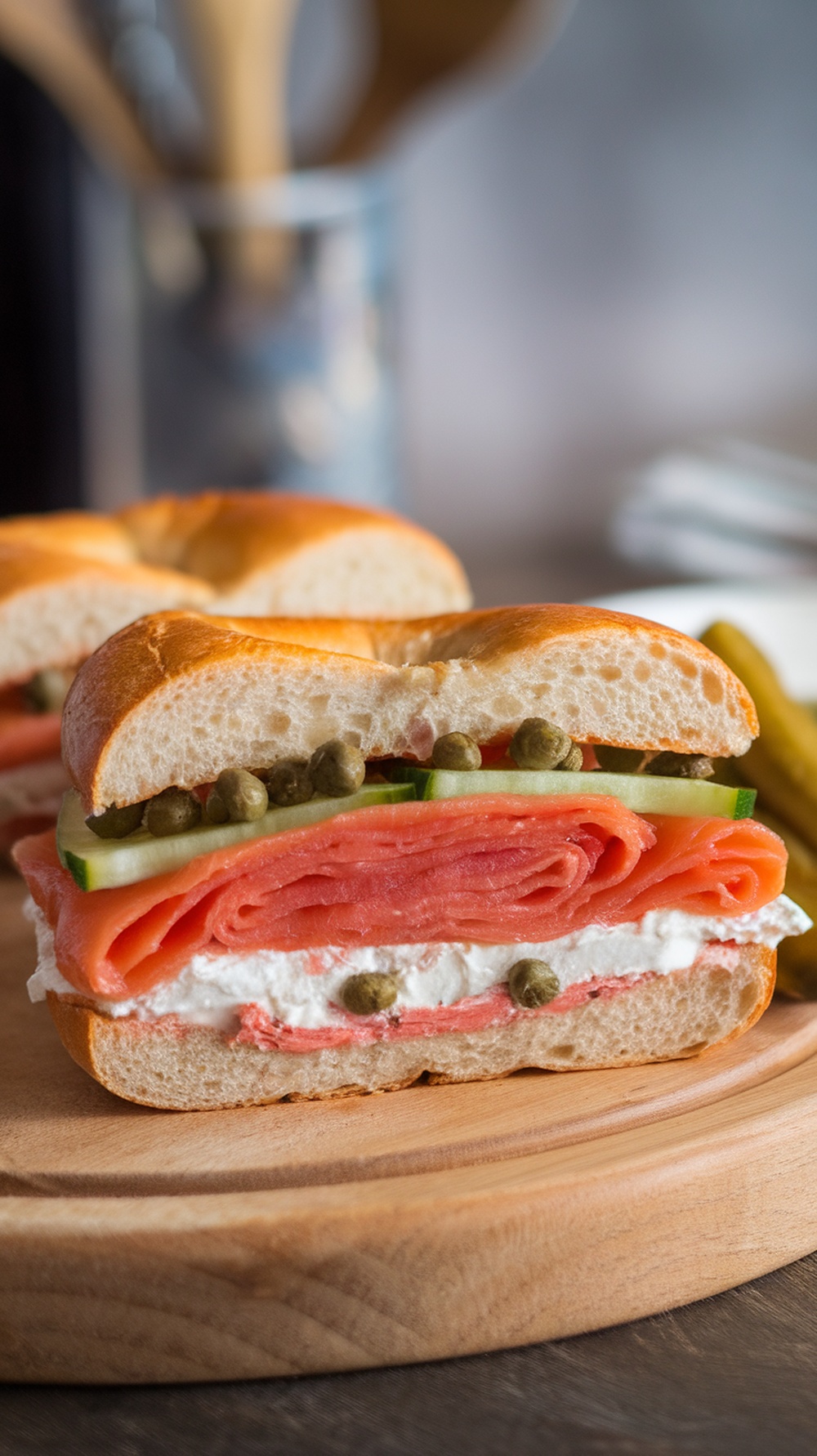 A delicious bagel sandwich with smoked salmon, cream cheese, cucumber, and capers.