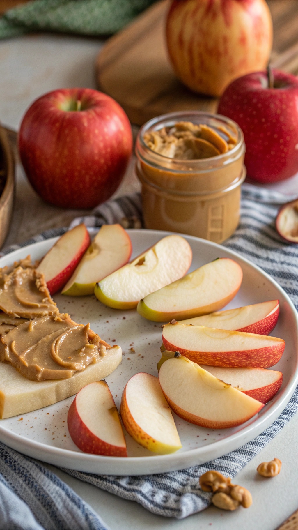 A plate of apple slices with peanut butter, surrounded by whole apples and a jar of peanut butter.