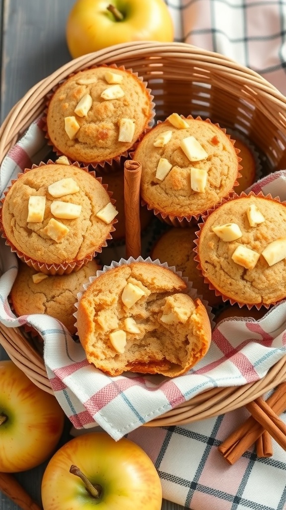 A basket of freshly baked apple cinnamon muffins with chunks of apple on top, surrounded by apples and cinnamon sticks.