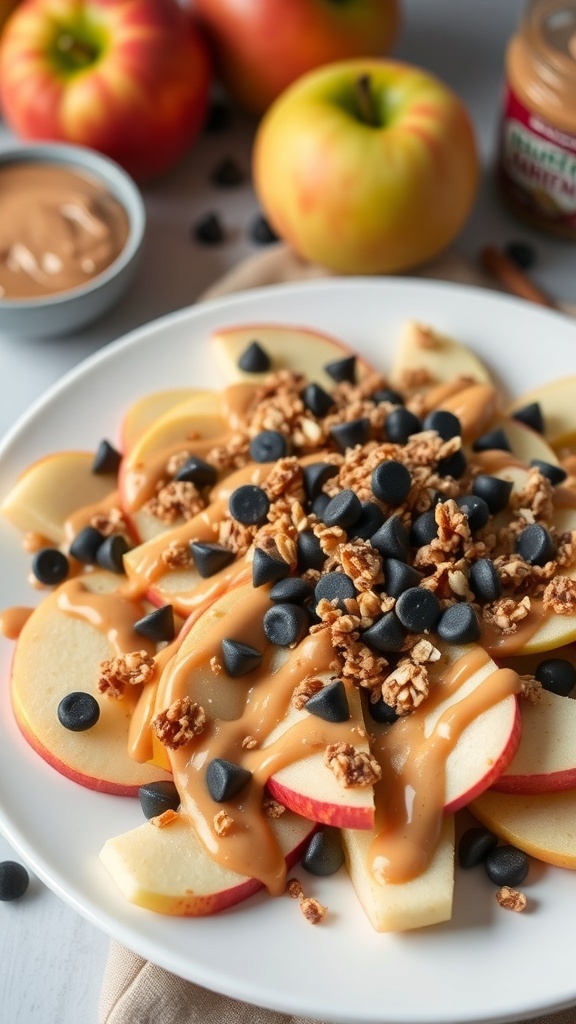 A plate of apple nachos topped with nut butter, granola, and chocolate chips.