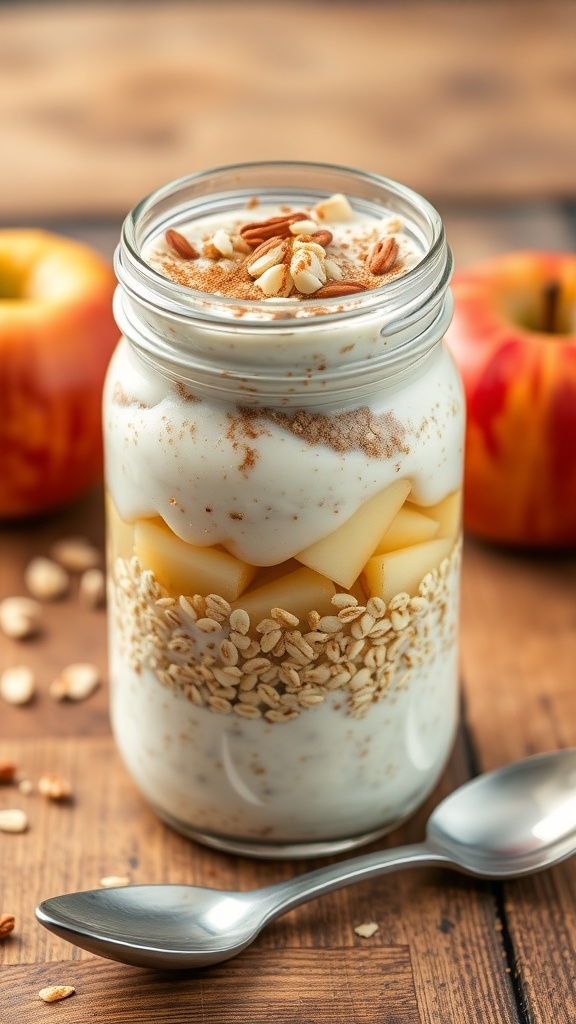 A jar of apple overnight oats layered with yogurt, oats, and diced apples, topped with nuts and cinnamon.