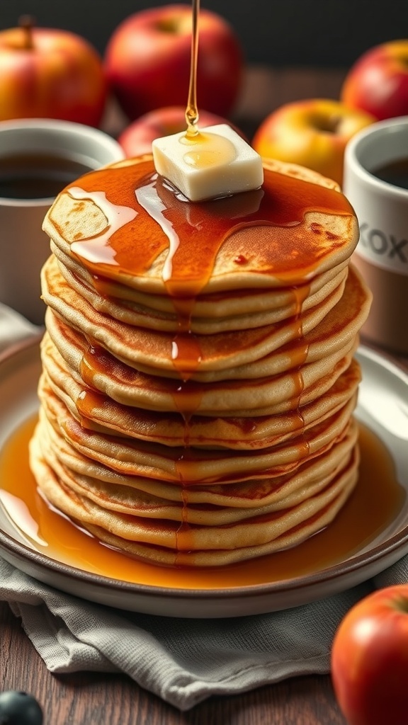 A stack of apple pancakes topped with butter and syrup, surrounded by fresh apples and coffee.