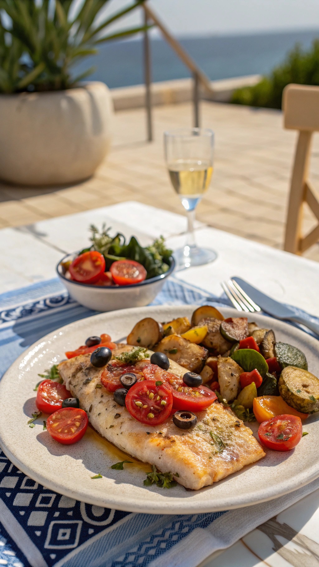 Baked fish with tomatoes and olives served with roasted vegetables and a glass of white wine.