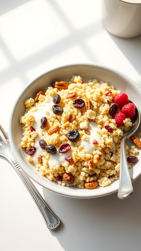 A bowl of quinoa topped with nuts, dried fruit, and yogurt.