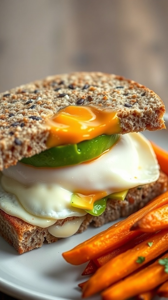 A delicious breakfast sandwich with an egg, cheese, and bell peppers on whole grain bread.