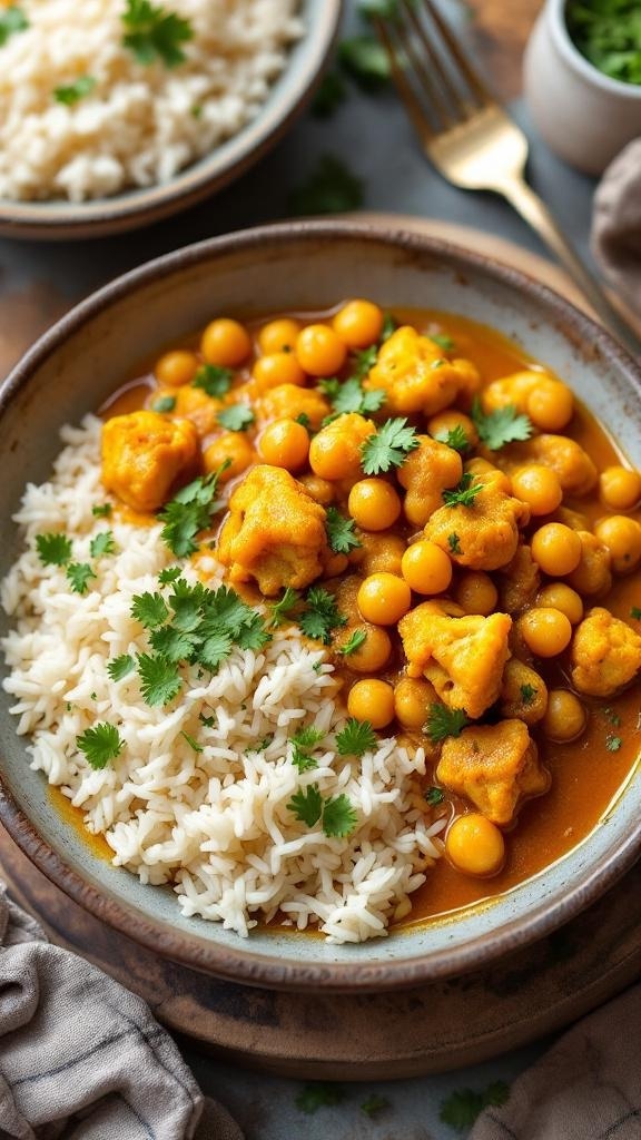 A bowl of cauliflower and chickpea curry served with rice, garnished with cilantro.