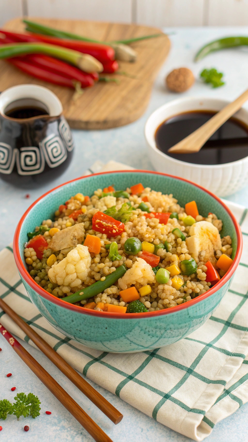 A colorful bowl of cauliflower rice stir-fried with mixed vegetables, served with soy sauce.
