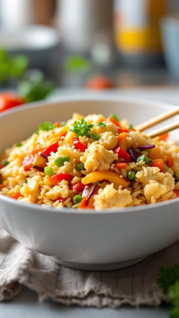 A bowl of colorful cauliflower rice stir-fry with bell peppers and peas.