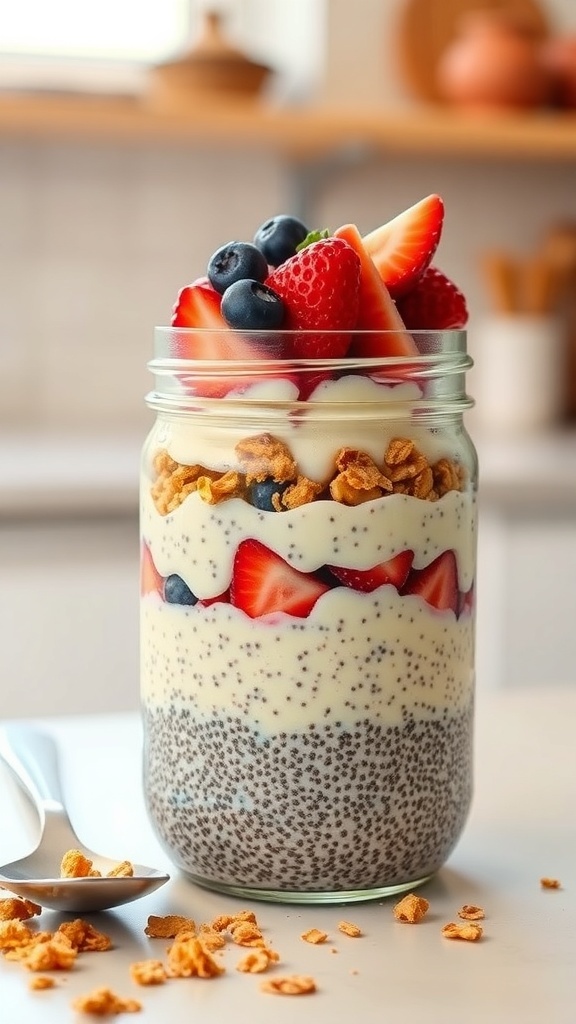 A jar of chia seed pudding layered with fresh strawberries, blueberries, and granola.