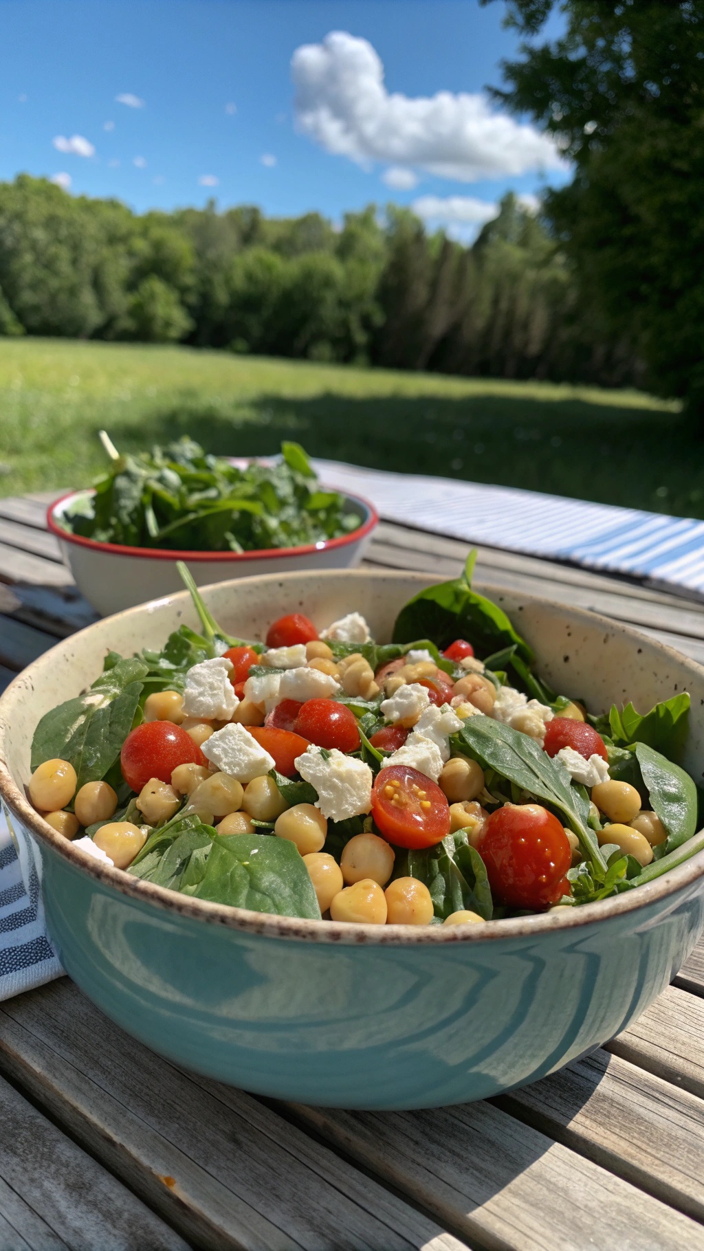 A colorful chickpea salad with spinach, cherry tomatoes, and feta cheese in a bowl, set outdoors.