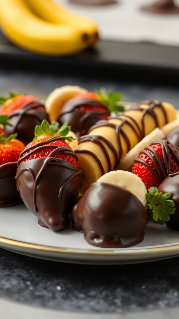 A plate of chocolate dipped strawberries and bananas, drizzled with chocolate.