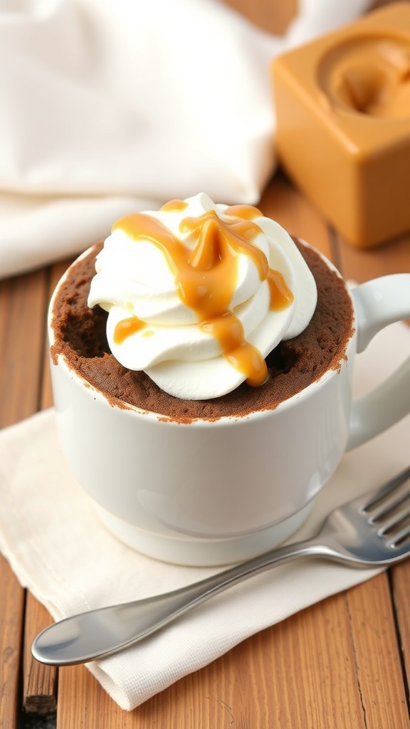 Chocolate peanut butter mug cake topped with whipped cream and caramel