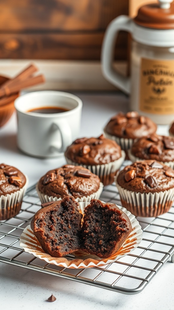 A batch of chocolate protein muffins on a cooling rack, with one muffin cut in half to show its fluffy interior.