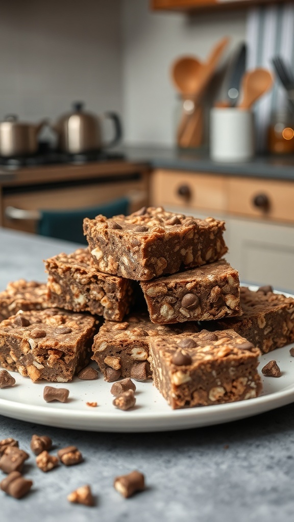A plate of chocolate protein rice crispy treats stacked with chocolate chips scattered around.