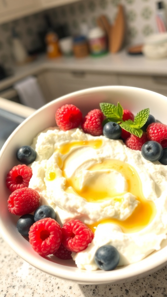A bowl of cottage cheese topped with fresh raspberries, blueberries, and a drizzle of honey.