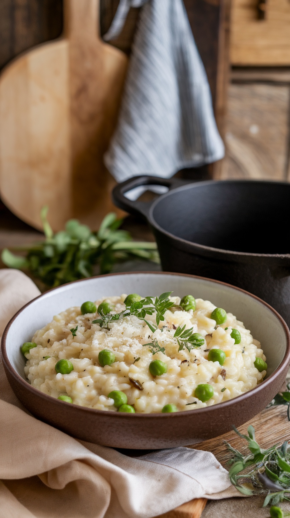 A bowl of creamy risotto topped with green peas and herbs, with a wooden spoon and cooking pot in the background.