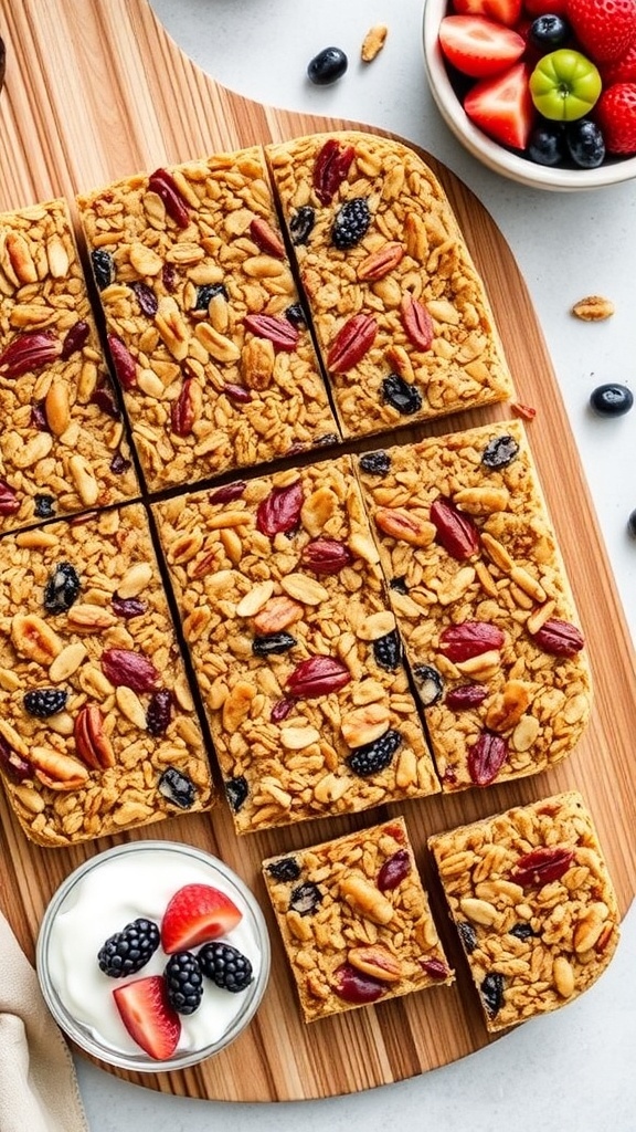 Homemade granola bars cut into squares on a wooden board with yogurt and strawberries on the side.
