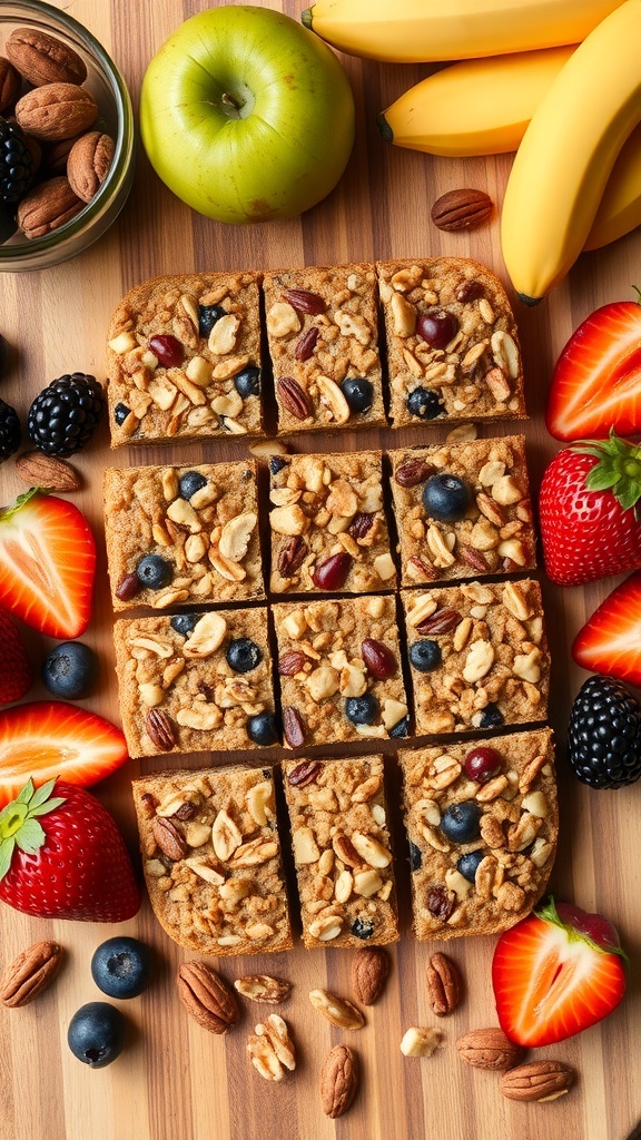 A colorful assortment of fruit and nut bars surrounded by fresh fruits like strawberries, blueberries, and bananas.