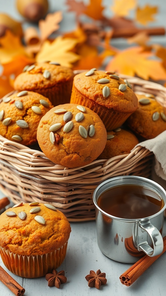 A basket of keto pumpkin muffins topped with pumpkin seeds, surrounded by autumn leaves and a cup of coffee.