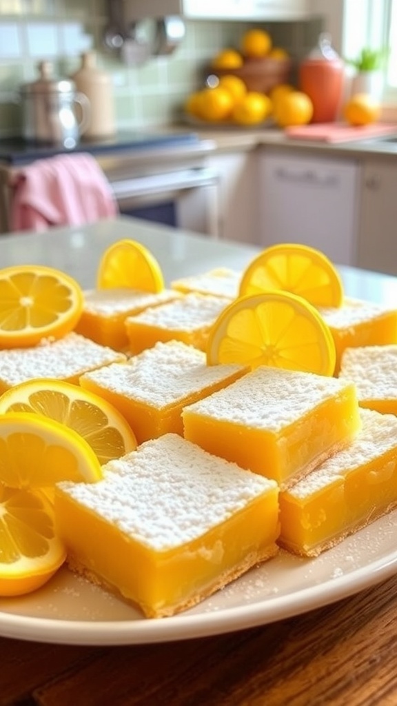 A plate of lemon bars garnished with lemon slices and mint leaves, surrounded by fresh lemons.