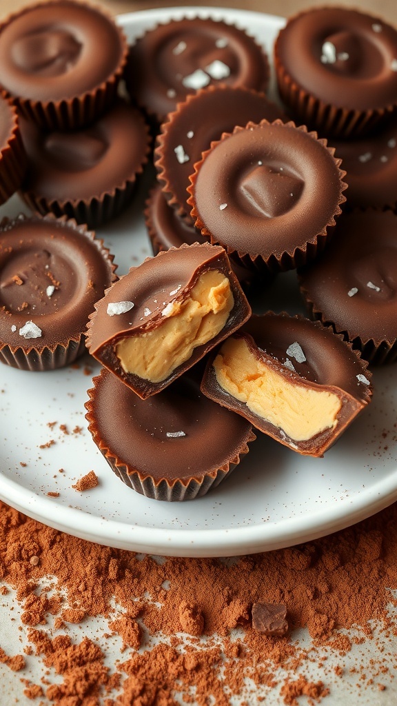A plate of low-carb chocolate peanut butter cups, some cut in half to show the creamy filling, with cocoa powder scattered around.