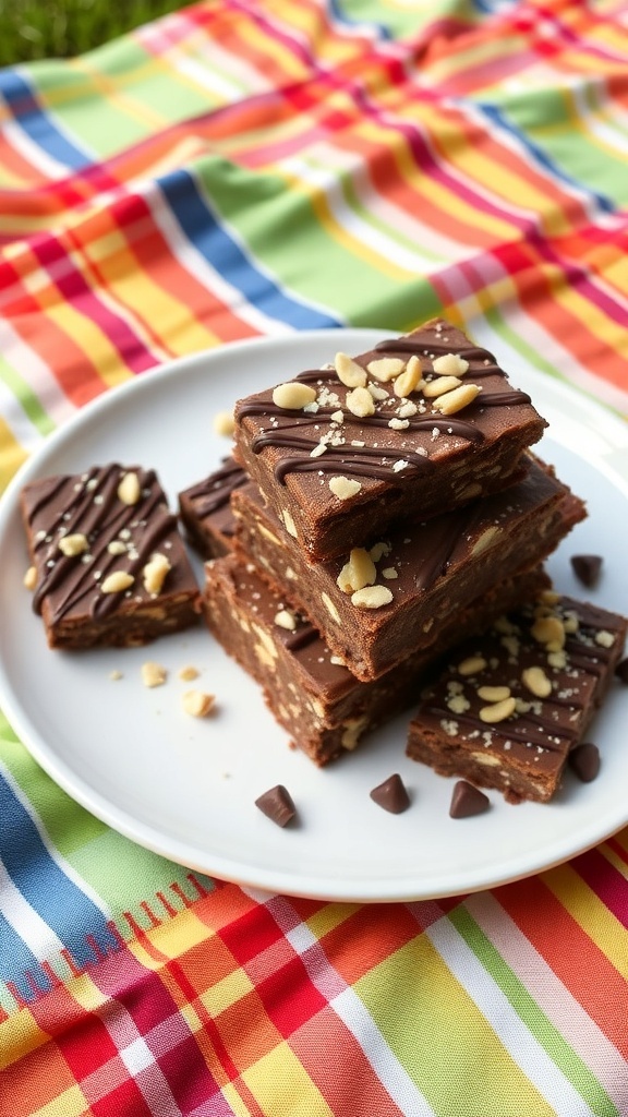 A plate of low-carb chocolate snack bars, drizzled with chocolate and topped with nuts, on a colorful picnic blanket.