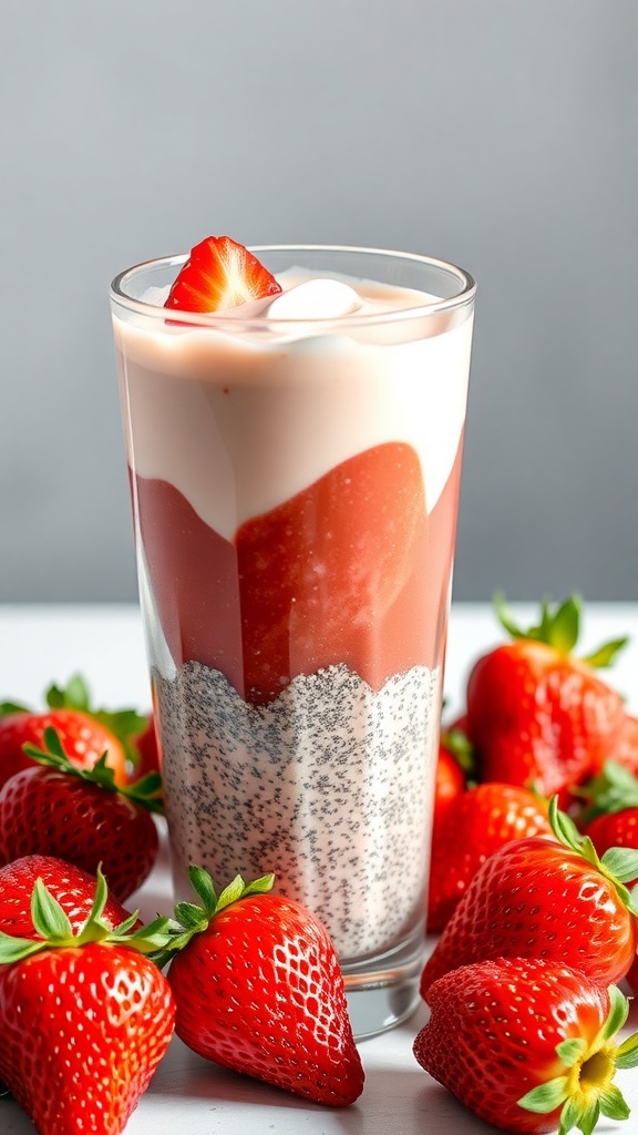 A glass of strawberry chia seed pudding layered with fresh strawberries around it.