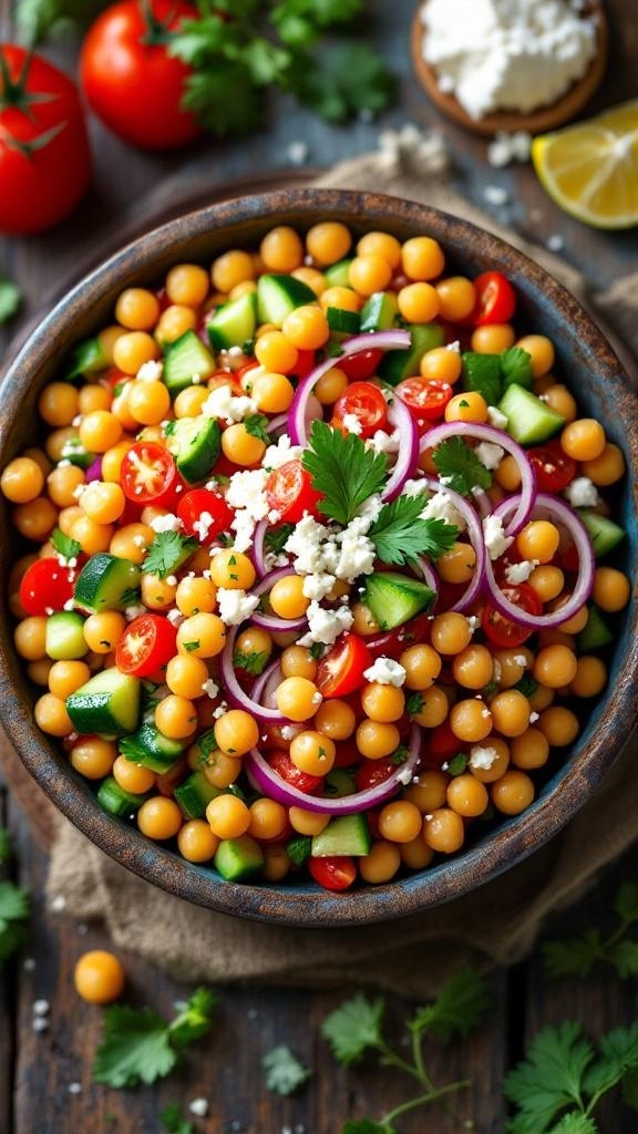A vibrant Mediterranean Chickpea Salad with chickpeas, cherry tomatoes, cucumber, red onion, and feta cheese in a bowl.
