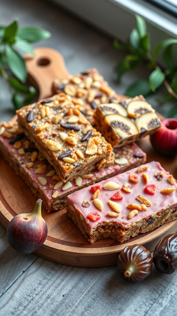 An assortment of colorful no-bake fruit and nut bars displayed on a wooden platter with figs and nuts around them.