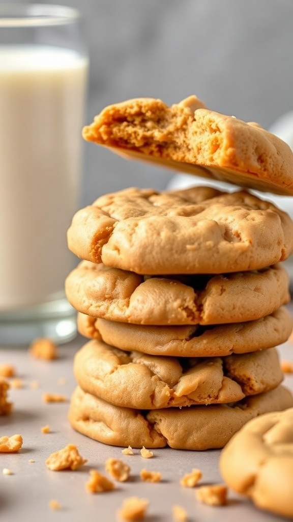 A stack of no-bake peanut butter cookies with one cookie broken in half, revealing a soft center, alongside a glass of milk.