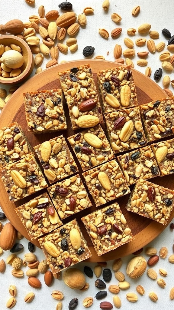 Nut and seed bars arranged on a wooden platter with assorted nuts scattered around.