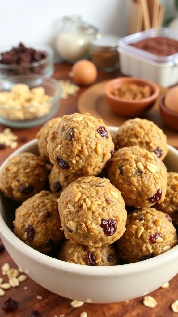 A bowl of oatmeal raisin energy balls surrounded by ingredients like oats, raisins, and nuts.