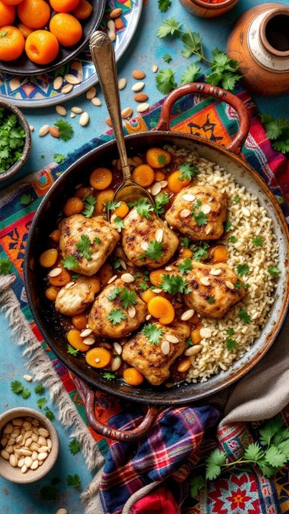 A colorful one-pan Moroccan chicken dish with apricots, rice, and garnished with cilantro and almonds.