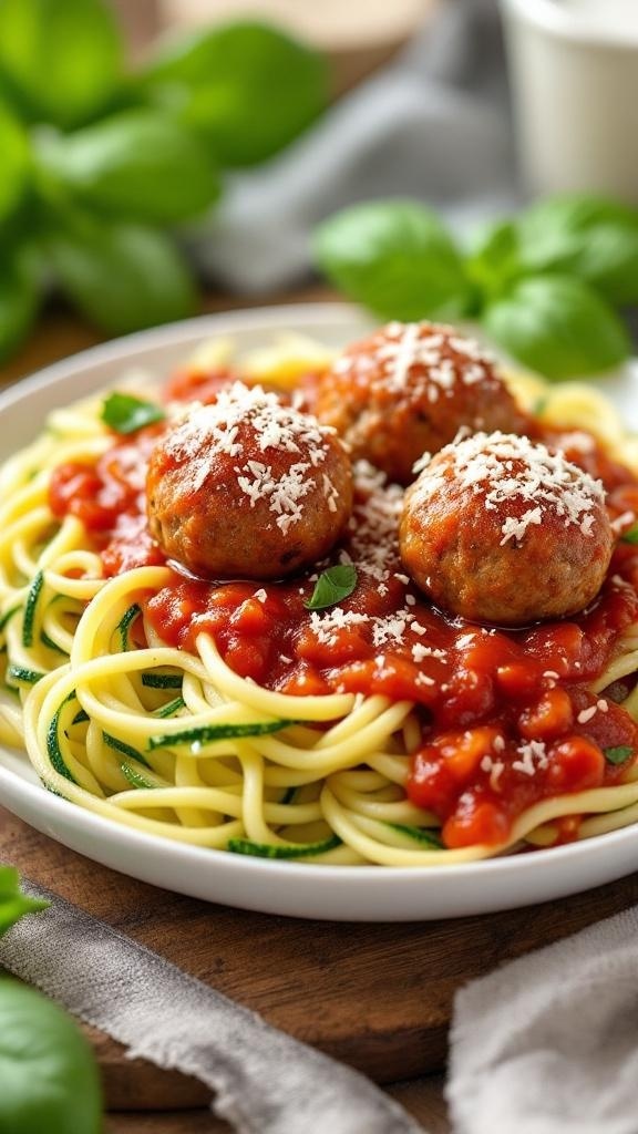 A plate of zucchini noodles topped with meatballs and marinara sauce, garnished with Parmesan cheese and fresh basil.