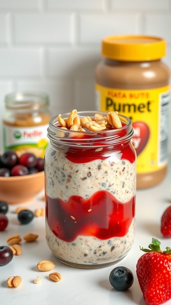 A jar of peanut butter and jelly overnight oats topped with peanuts and surrounded by fresh berries.