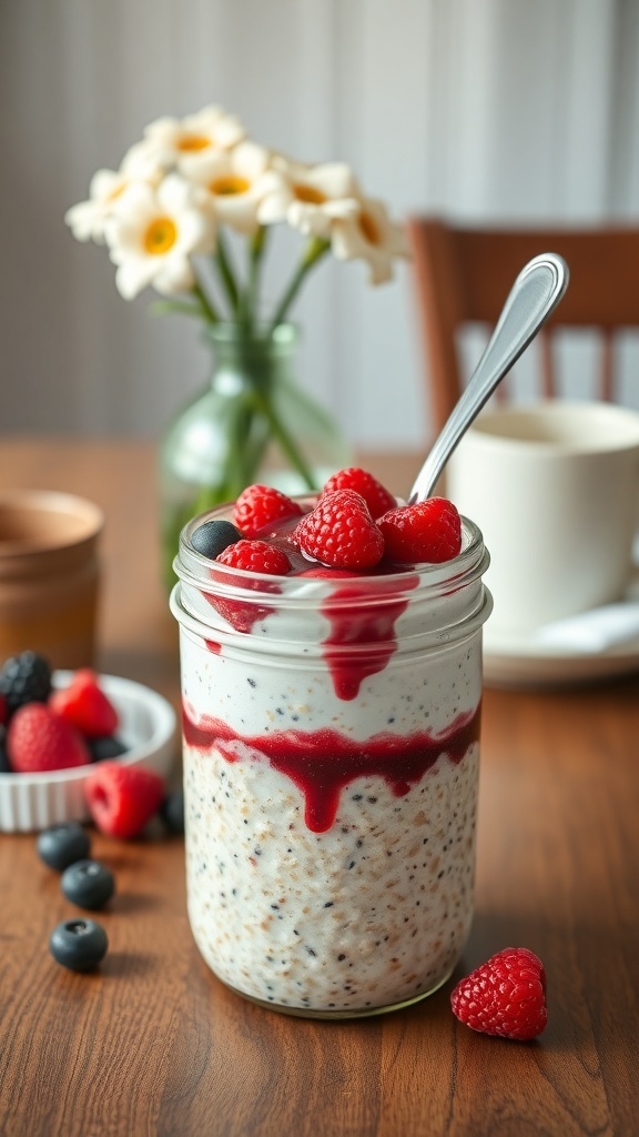 A jar of peanut butter and jelly overnight oats topped with fresh raspberries and a berry sauce.