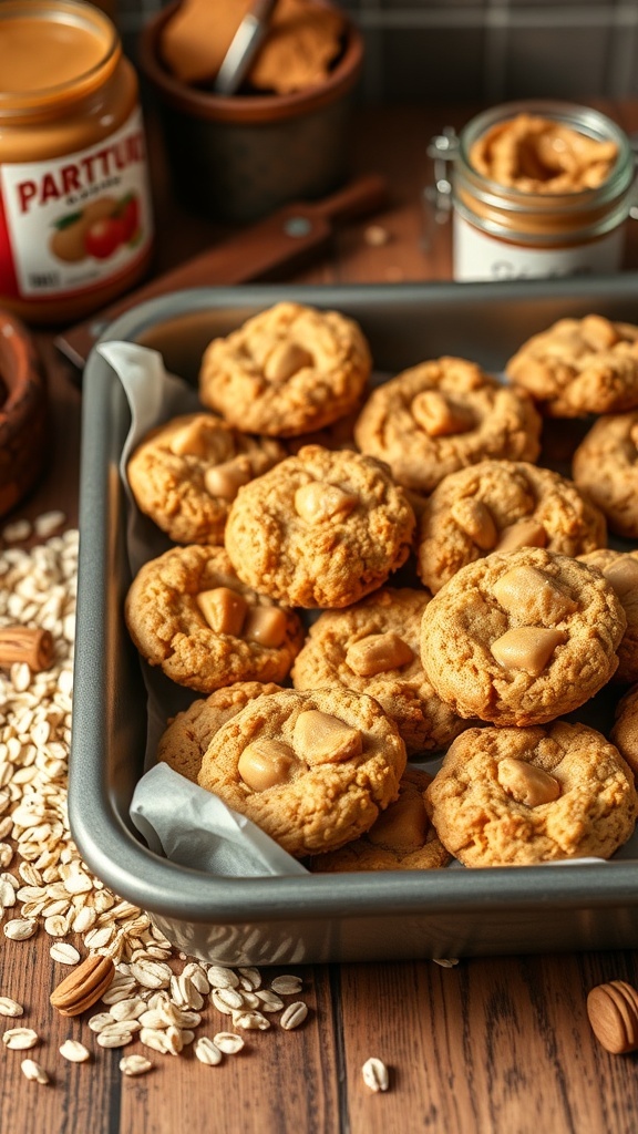 A tray of peanut butter and oatmeal cookies, topped with peanut butter, surrounded by oats and jars of peanut butter.