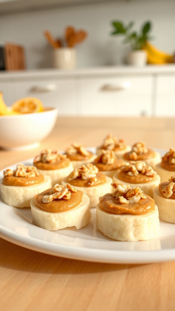 Plate of peanut butter banana bites topped with nuts
