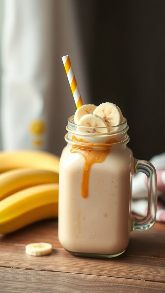 Peanut butter banana smoothie in a mason jar with banana slices on top and fresh bananas in the background.