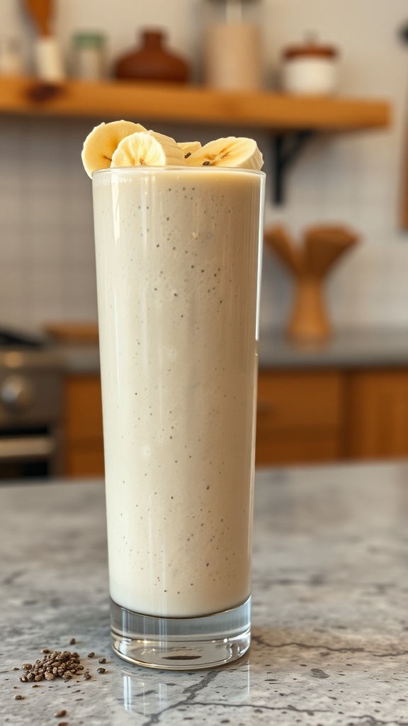 A tall glass of peanut butter banana smoothie topped with banana slices, set against a cozy kitchen background.