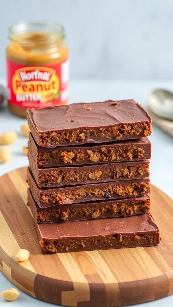 Peanut Butter Chocolate Protein Bars stacked on a wooden cutting board with a jar of peanut butter in the background.