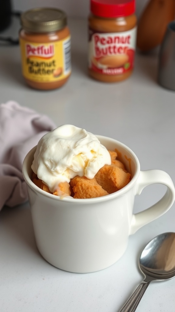 A peanut butter mug cake topped with whipped cream in a white mug, with jars of peanut butter in the background.